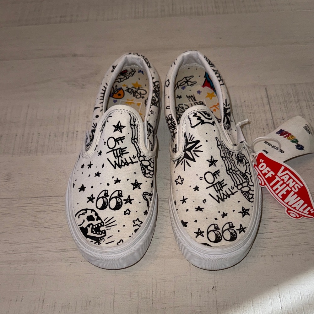 Vans White Slip-On Shoes with Black Art